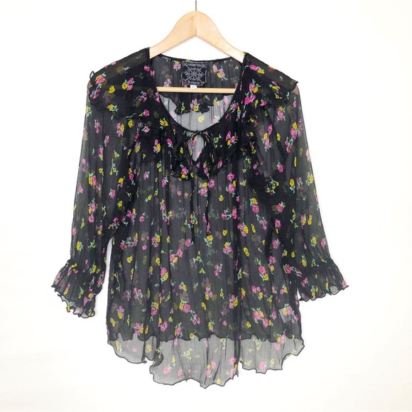 Johnny Was Fernando peasant Floral Black Sheer Women's Top - Picture 1 of 10